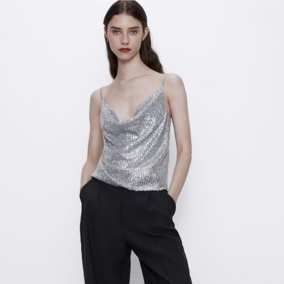 Zara Tops - ❤️ ZARA women's silver sequin sparkly spaghetti strap crop top